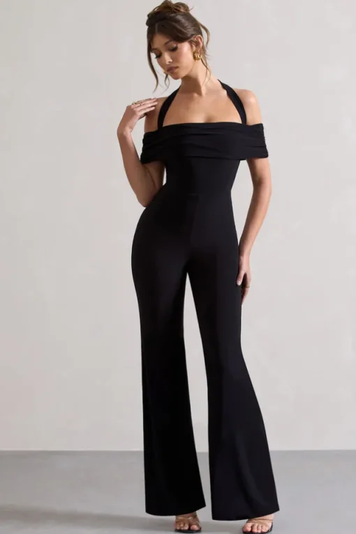 Mara | Black Bardot Halter-Neck Flared-Leg Jumpsuit