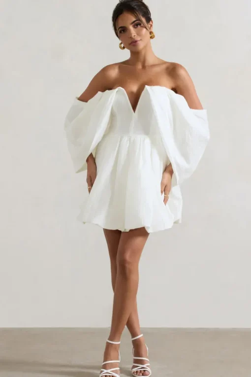 Marbella | Ecru Draped Bardot Skater Mini Dress