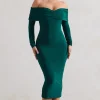 Marcella | Bottle Green Bodycon Bardot Midi Dress