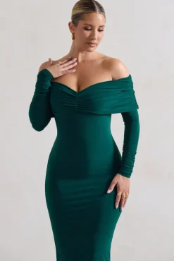 Marcella | Bottle Green Bodycon Bardot Midi Dress