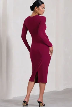 Marcia | Berry Bodycon Plunge-Neck Maternity Midi Dress