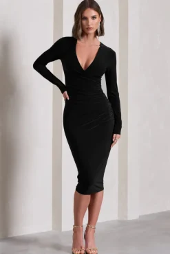 Marcia | Black Bodycon Plunge-Neck Midi Dress