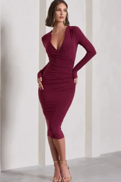 Marcia | Burgundy Bodycon Plunge-Neck Midi Dress