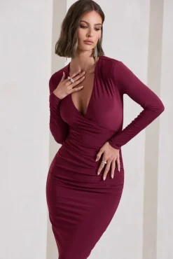 Marcia | Burgundy Bodycon Plunge-Neck Midi Dress
