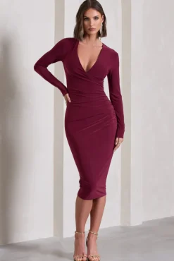 Marcia | Burgundy Bodycon Plunge-Neck Midi Dress