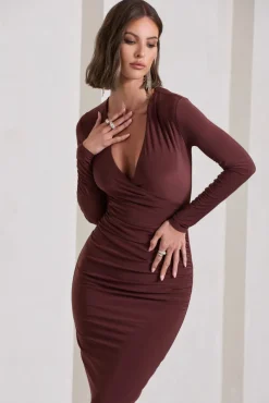 Marcia | Chocolate Brown Bodycon Plunge-Neck Midi Dress
