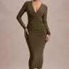 Marcia | Khaki Bodycon Plunge-Neck Midi Dress