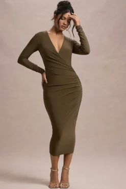 Marcia | Khaki Bodycon Plunge-Neck Midi Dress