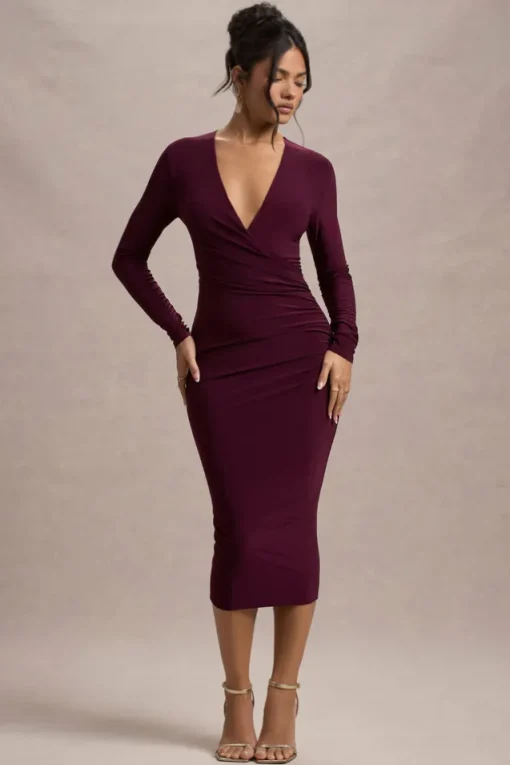 Marcia | Port Bodycon Plunge-Neck Midi Dress