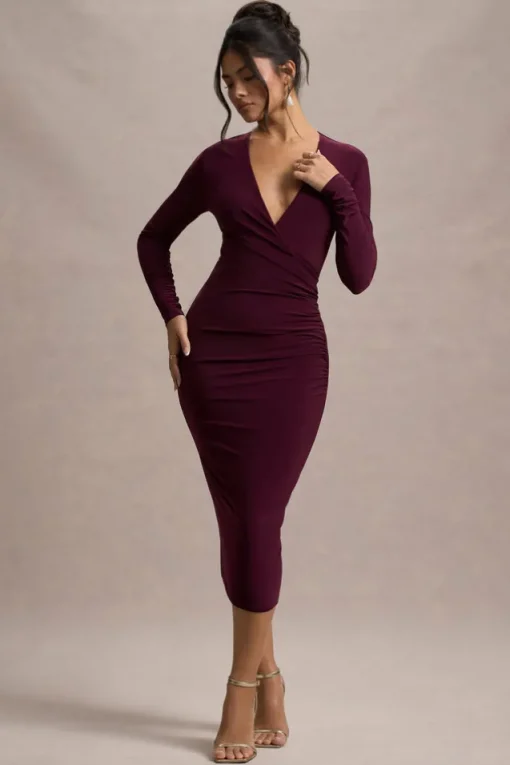 Marcia | Port Bodycon Plunge-Neck Midi Dress