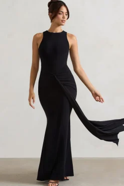 Maren | Black Racer-Neck Gathered Maxi Dress With Drape