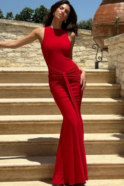 Maren | Red Racer-Neck Gathered Maxi Dress With Drape