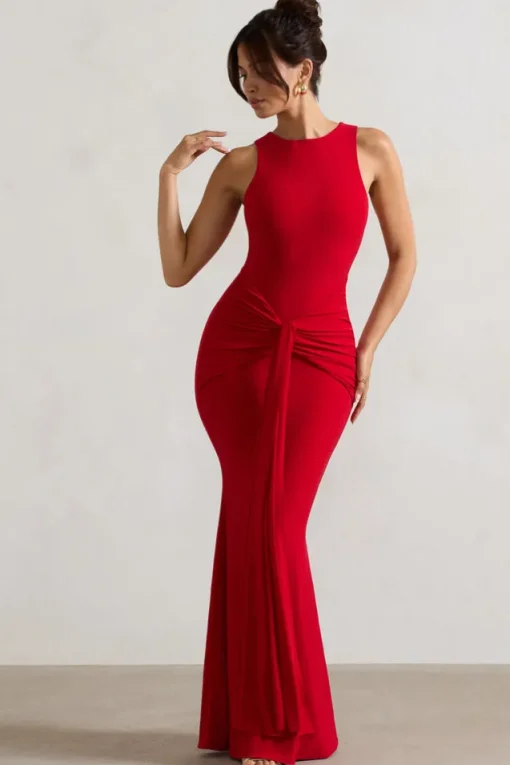 Maren | Red Racer-Neck Gathered Maxi Dress With Drape