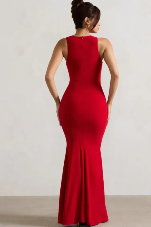 Maren | Red Racer-Neck Gathered Maxi Dress With Drape