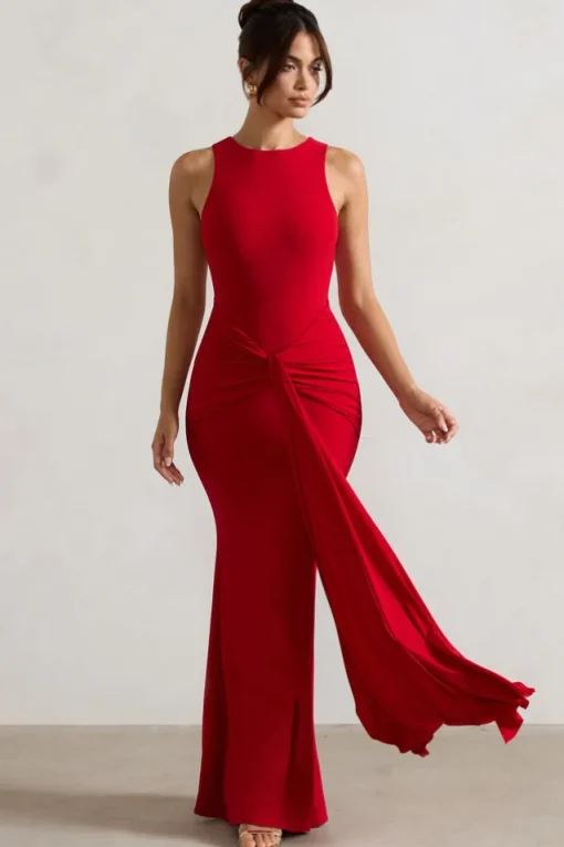 Maren | Red Racer-Neck Gathered Maxi Dress With Drape