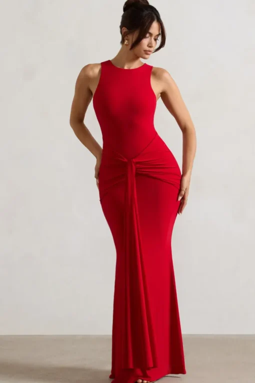 Maren | Red Racer-Neck Gathered Maxi Dress With Drape
