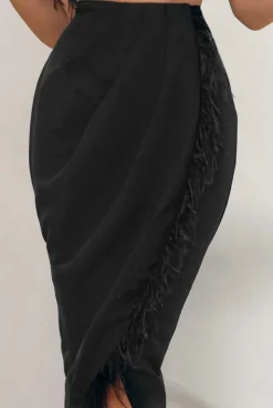 Margarita | Black High Waist Wrap Front Midi Skirt With Feather Trim