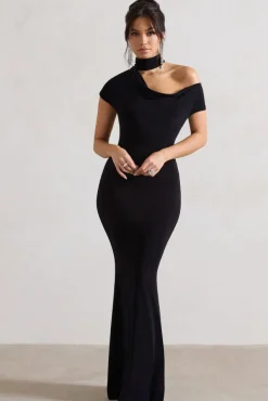 Margaux | Black One-Shoulder Maxi Dress With Halter-Collar