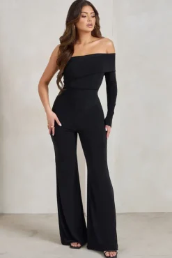 Margie | Black One Sleeve Bardot Jumpsuit