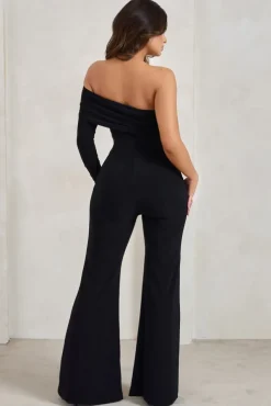 Margie | Black One Sleeve Bardot Jumpsuit