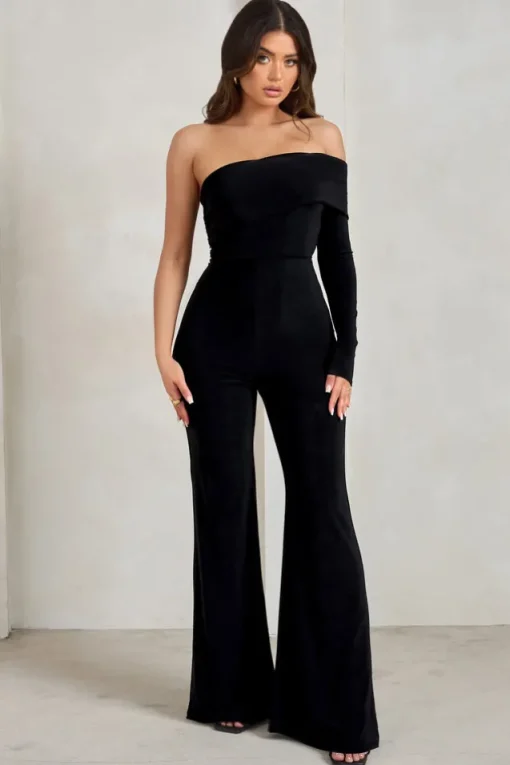 Margie | Black One Sleeve Bardot Jumpsuit