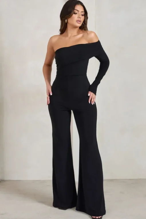 Margie | Black One Sleeve Bardot Jumpsuit