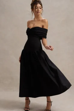Marguerite | Black Twisted Bardot Drop-Waist Maxi Dress