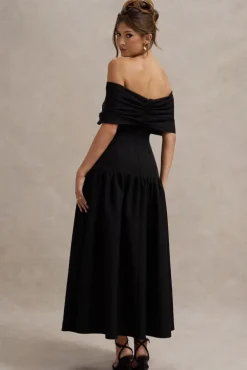 Marguerite | Black Twisted Bardot Drop-Waist Maxi Dress
