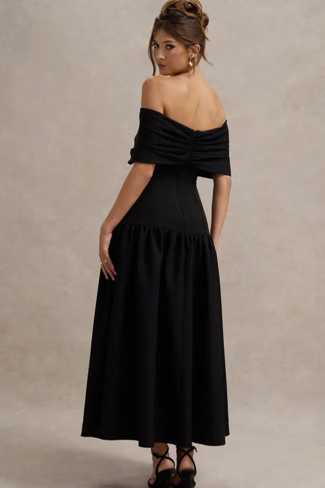 Marguerite | Black Twisted Bardot Drop-Waist Maxi Dress