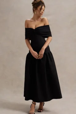 Marguerite | Black Twisted Bardot Drop-Waist Maxi Dress