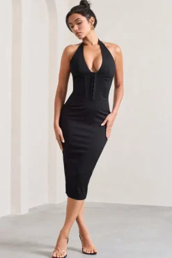 Mariah | Black Halter-Neck Corset Midi Dress