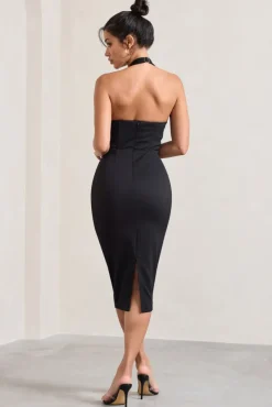 Mariah | Black Halter-Neck Corset Midi Dress