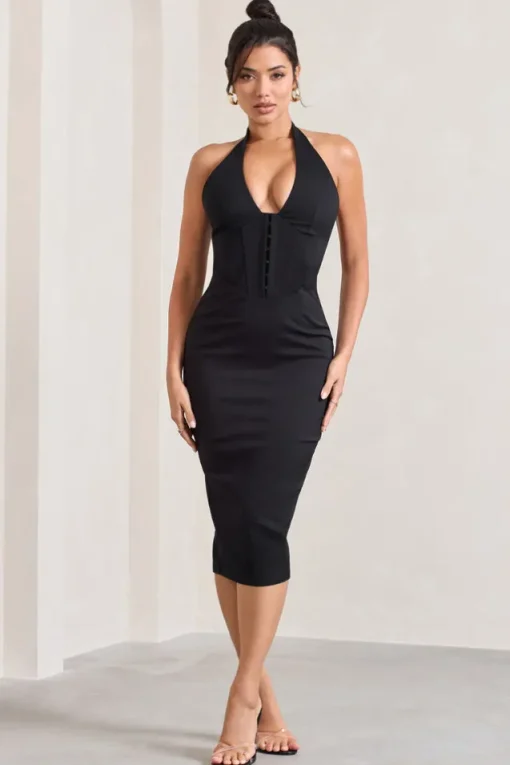 Mariah | Black Halter-Neck Corset Midi Dress