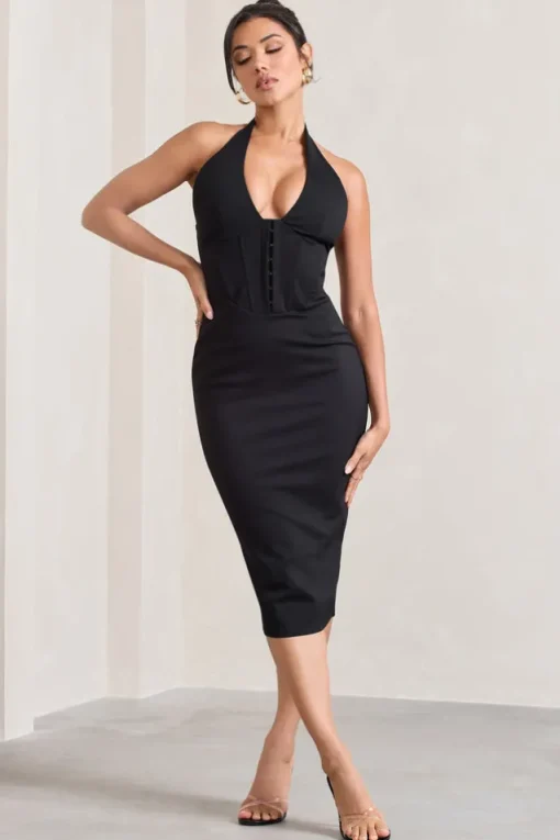 Mariah | Black Halter-Neck Corset Midi Dress
