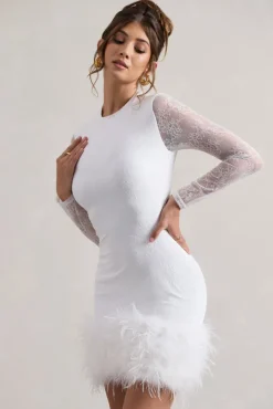 Mariana | White Lace Long-Sleeve Mini Dress With Feather Trim