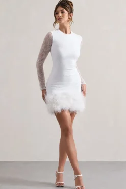 Mariana | White Lace Long-Sleeve Mini Dress With Feather Trim