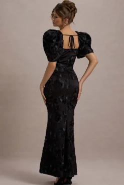 Marilla | Black Mesh Floral Square-Neck Puff-Sleeve Maxi Dress