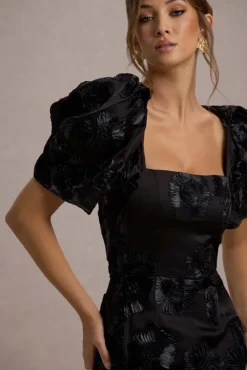 Marilla | Black Mesh Floral Square-Neck Puff-Sleeve Maxi Dress