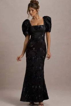 Marilla | Black Mesh Floral Square-Neck Puff-Sleeve Maxi Dress