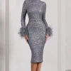 Marilyn | Silver Sequin Long-Sleeved Midi Dress With Feather Cuffs