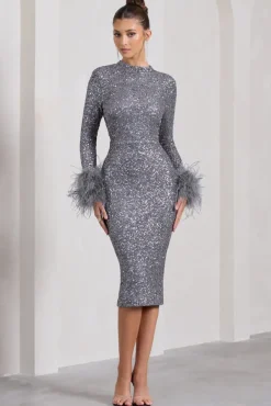 Marilyn | Silver Sequin Long-Sleeved Midi Dress With Feather Cuffs