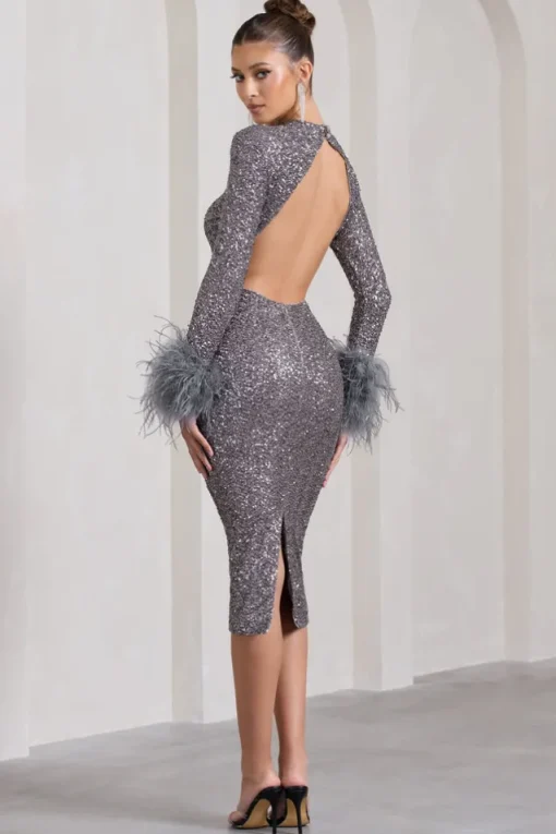 Marilyn | Silver Sequin Long-Sleeved Midi Dress With Feather Cuffs