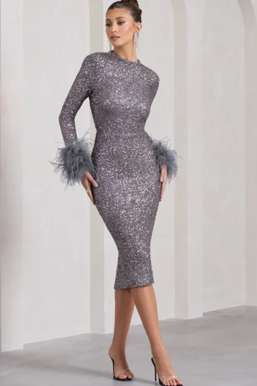 Marilyn | Silver Sequin Long-Sleeved Midi Dress With Feather Cuffs