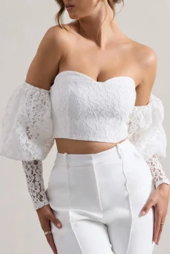 Marina | White Lace Bardot Puff-Sleeve Top
