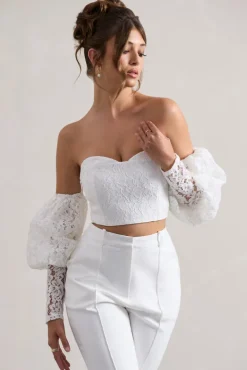Marina | White Lace Bardot Puff-Sleeve Top