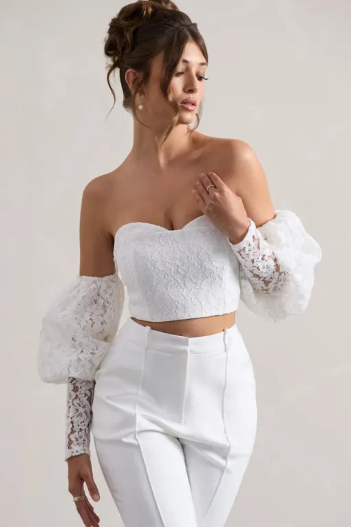 Marina | White Lace Bardot Puff-Sleeve Top