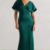Marisa | Dark Green Satin V-Neck Flutter-Sleeve Maxi Dress