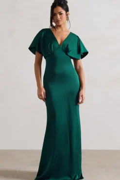 Marisa | Dark Green Satin V-Neck Flutter-Sleeve Maxi Dress