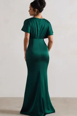 Marisa | Dark Green Satin V-Neck Flutter-Sleeve Maxi Dress