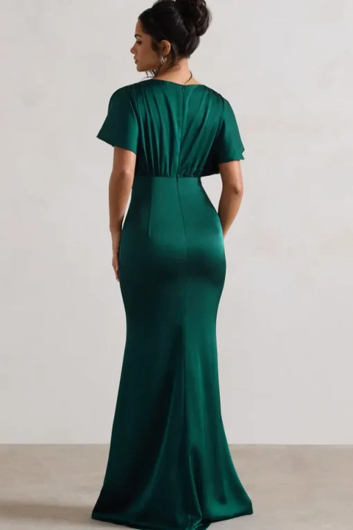 Marisa | Dark Green Satin V-Neck Flutter-Sleeve Maxi Dress